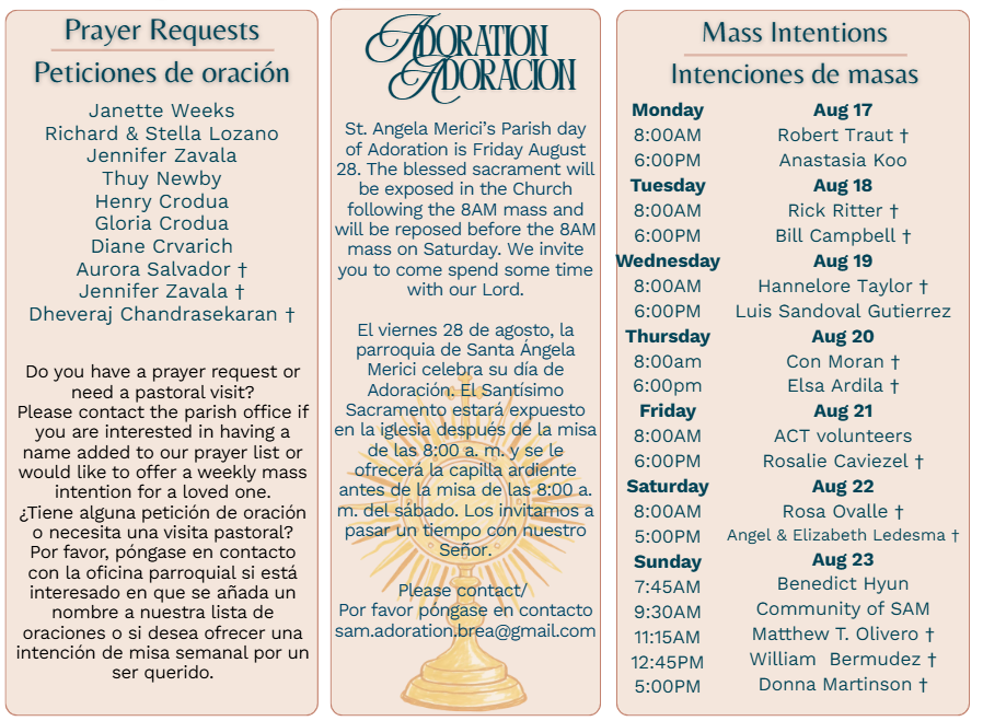 🙏 Parish Updates: Day of Adoration, Prayer Requests, and Mass Intentions