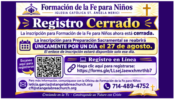 Reopening for Sacramental Preparation Registration: Save the Date for August 27!