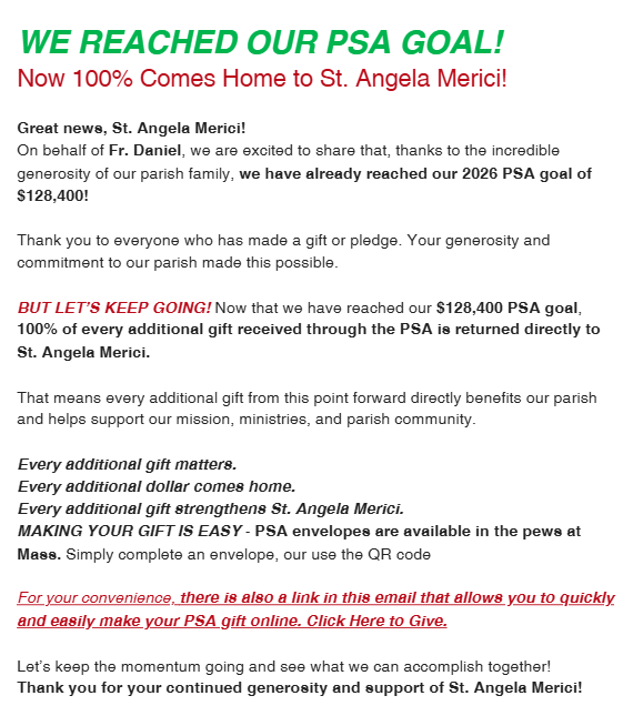 We Reached Our PSA Goal — And Now 100% Comes Home to St. Angela Merici!