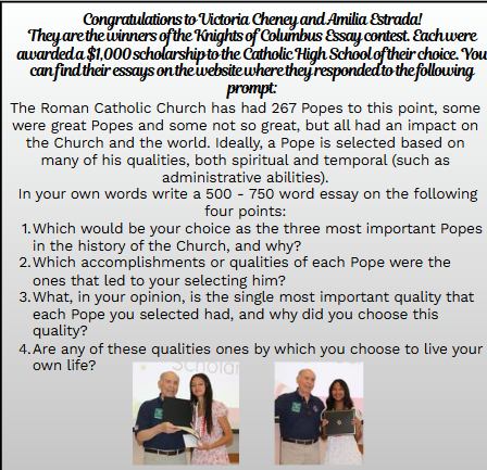 Congratulations to Our Knights of Columbus Essay Contest Winners!