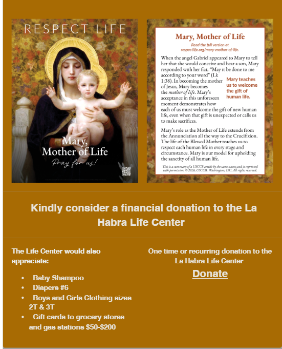 Honoring Mary, Mother of Life: Support the La Habra Life Center
